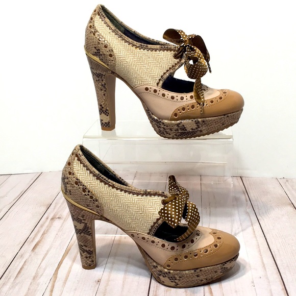 Poetic Licence Foolproof Oxford tan heel platform sexy bow retro sz 6 - Picture 6 of 14